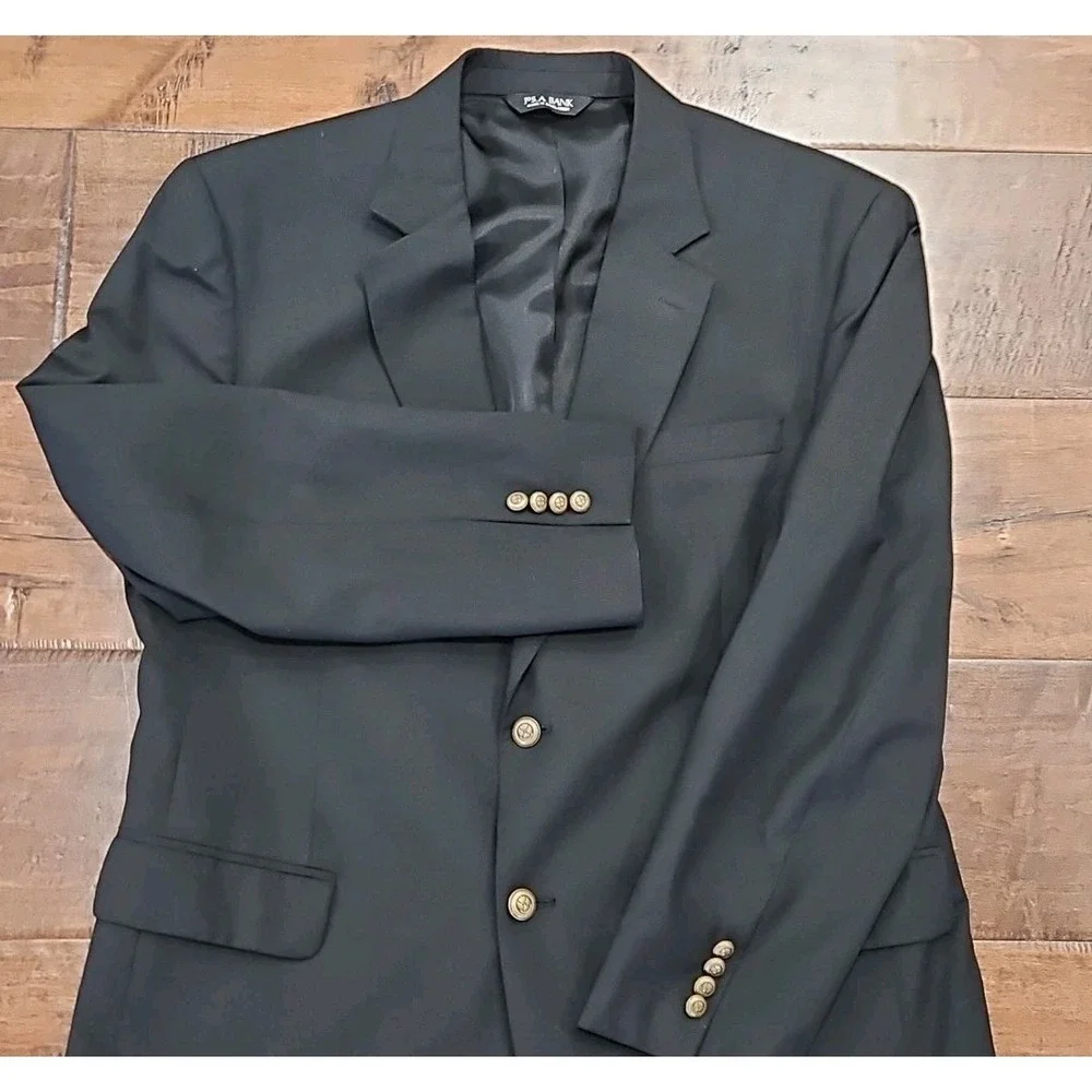 Jos A Bank 44R Metal Button Blazer Eagle Crown Black Sport Coat Wool Suit Jacket
